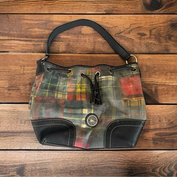 DOONEY & BOURKE Plaid Ladybugs Shoulder Bag Satchel Purse Drawstring Bucket - Picture 1 of 10
